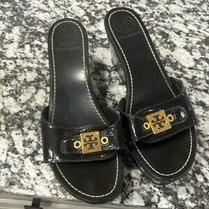 Tory Burch black patent leather wooden wedge slides